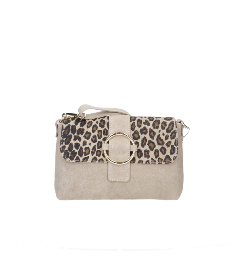 Suede Schoudertas Gabriella Leopard taupe suede leer schoudertassen leopard flap gouden ring details kopen bestellen