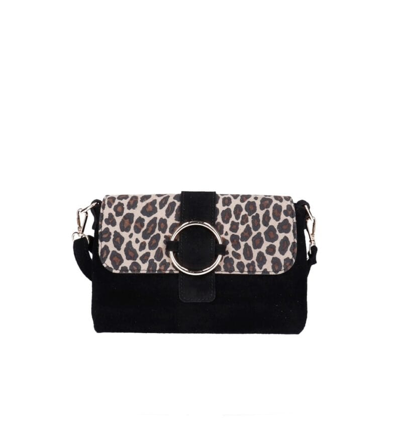Suede Schoudertas Gabriella Leopard zwart zwarte suede leer schoudertassen leopard flap gouden ring details kopen bestellen
