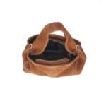 Suede Schoudertas Laila Cognac dames schoudertassen leer suede trendy kopen bestellen binnenkant