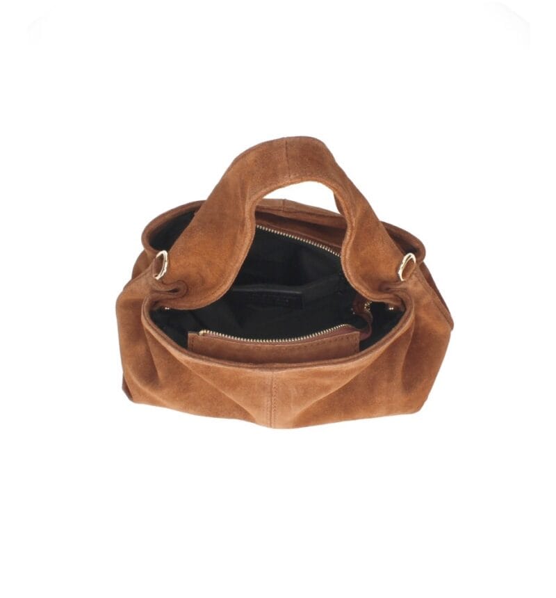 Suede Schoudertas Laila Cognac dames schoudertassen leer suede trendy kopen bestellen binnenkant