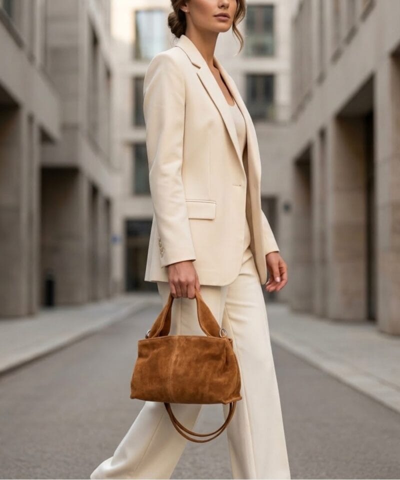 Suede Schoudertas Laila Cognac dames schoudertassen leer suede trendy kopen bestellen model