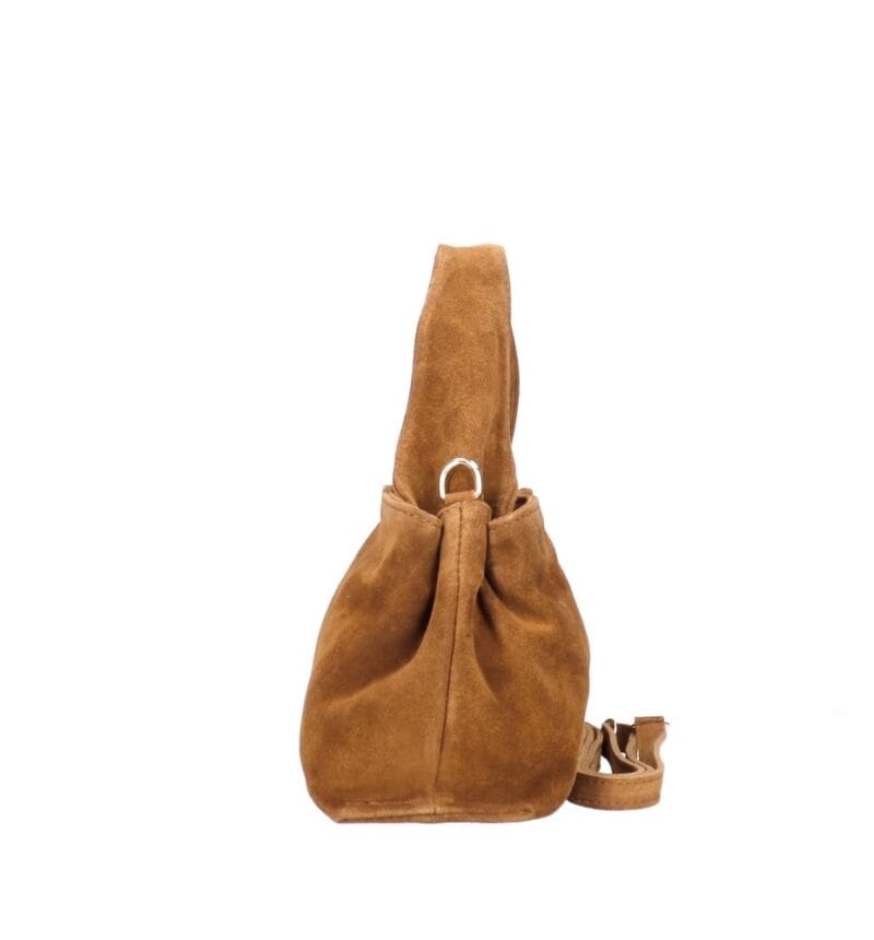 Suede Schoudertas Laila Cognac dames schoudertassen leer suede trendy kopen bestellen zijkant