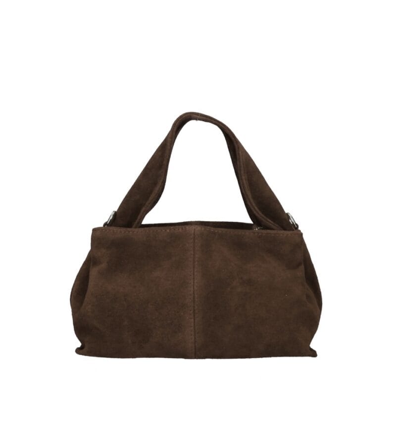Suede Schoudertas Laila donkerbruin bruine dames schoudertassen leer suede trendy kopen bestellen