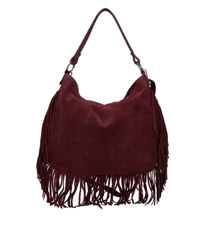 Suede Schoudertas Quinn Fringe bordeaux ruime zacht leer suede schoudertassen met franjes italiaans kopen bestellen