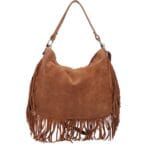 Suede Schoudertas Quinn Fringe cognac ruime zacht leer suede schoudertassen met franjes italiaans kopen bestellen