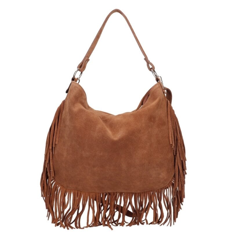 Suede Schoudertas Quinn Fringe cognac ruime zacht leer suede schoudertassen met franjes italiaans kopen bestellen