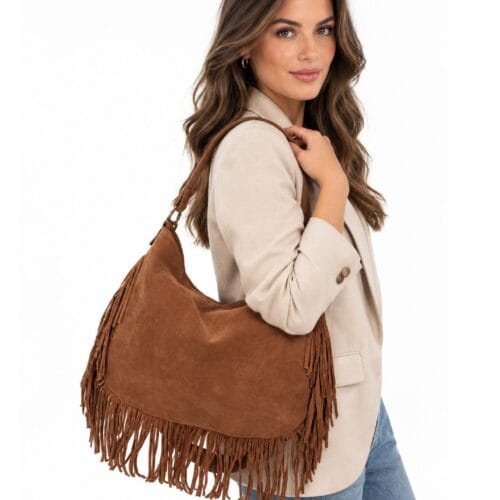 Suede Schoudertas Quinn Fringe cognac ruime zacht leer suede schoudertassen met franjes italiaans kopen bestellen model1