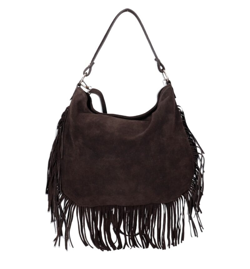 Suede Schoudertas Quinn Fringe donkerbruin bruine ruime zacht leer suede schoudertassen met franjes italiaans kopen bestellen