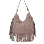 Suede Schoudertas Quinn Fringe donkertaupe taupe ruime zacht leer suede schoudertassen met franjes italiaans kopen bestellen