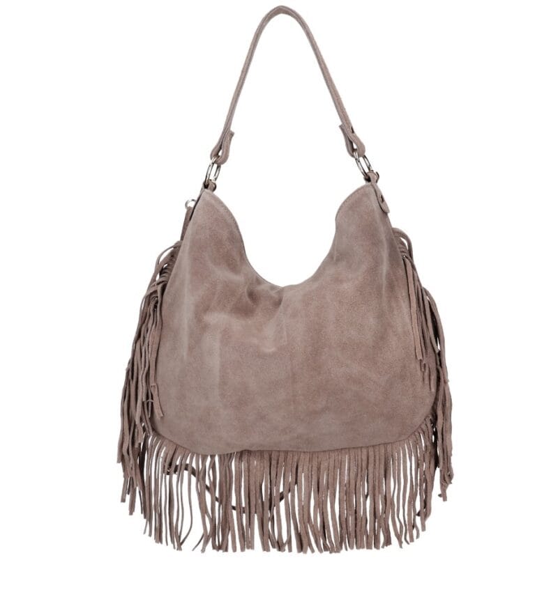 Suede Schoudertas Quinn Fringe donkertaupe taupe ruime zacht leer suede schoudertassen met franjes italiaans kopen bestellen