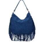 Suede Schoudertas Quinn Fringe jeansblauw blauwe ruime zacht leer suede schoudertassen met franjes italiaans kopen bestellen