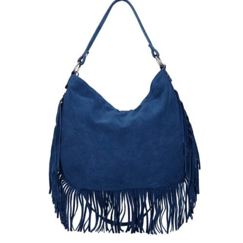 Suede Schoudertas Quinn Fringe jeansblauw blauwe ruime zacht leer suede schoudertassen met franjes italiaans kopen bestellen