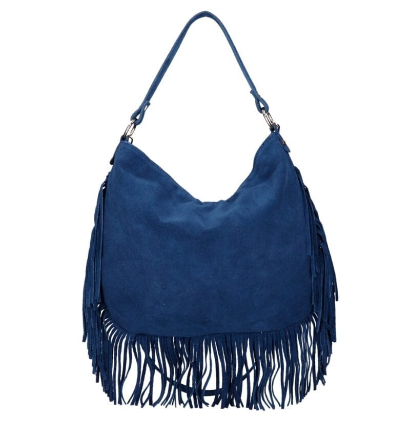 Suede Schoudertas Quinn Fringe jeansblauw blauwe ruime zacht leer suede schoudertassen met franjes italiaans kopen bestellen
