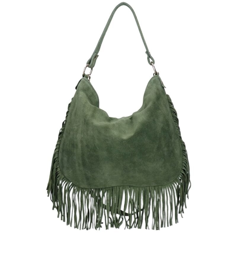 Suede Schoudertas Quinn Fringe olijfgroen groene ruime zacht leer suede schoudertassen met franjes italiaans kopen bestellen