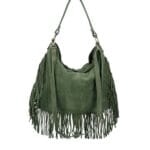 Suede Schoudertas Quinn Fringe olijfgroen groene ruime zacht leer suede schoudertassen met franjes italiaans kopen bestellen achterkant