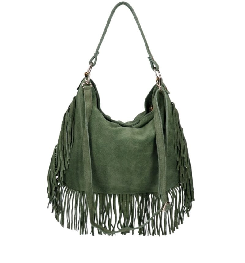 Suede Schoudertas Quinn Fringe olijfgroen groene ruime zacht leer suede schoudertassen met franjes italiaans kopen bestellen achterkant