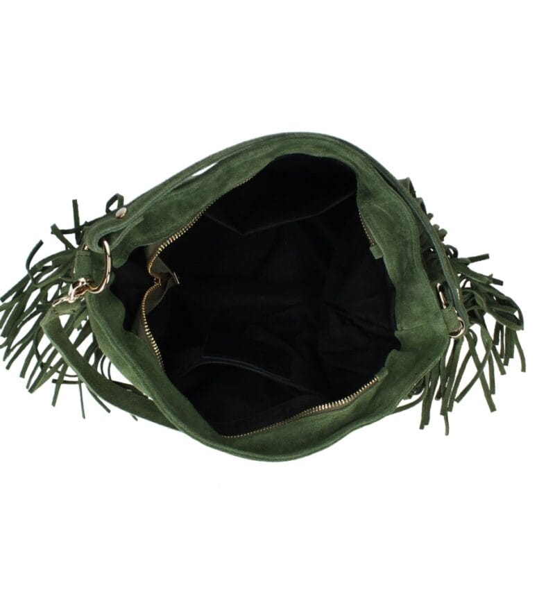 Suede Schoudertas Quinn Fringe olijfgroen groene ruime zacht leer suede schoudertassen met franjes italiaans kopen bestellen binnenkant