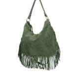 Suede Schoudertas Quinn Fringe olijfgroen groene ruime zacht leer suede schoudertassen met franjes italiaans kopen bestellen zij