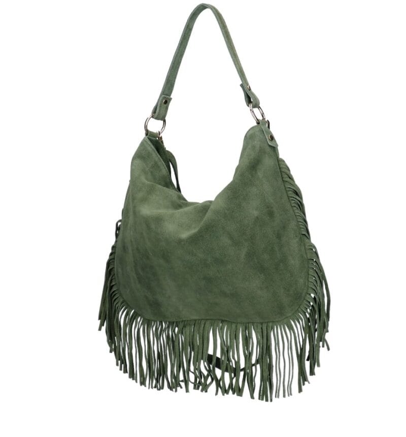 Suede Schoudertas Quinn Fringe olijfgroen groene ruime zacht leer suede schoudertassen met franjes italiaans kopen bestellen zij