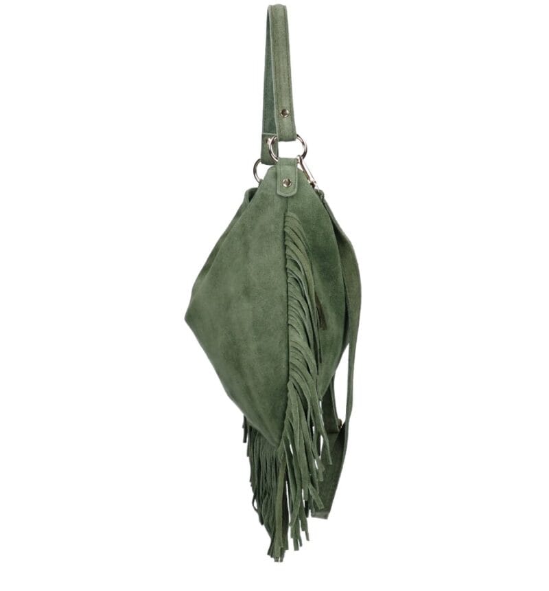 Suede Schoudertas Quinn Fringe olijfgroen groene ruime zacht leer suede schoudertassen met franjes italiaans kopen bestellen zijkant