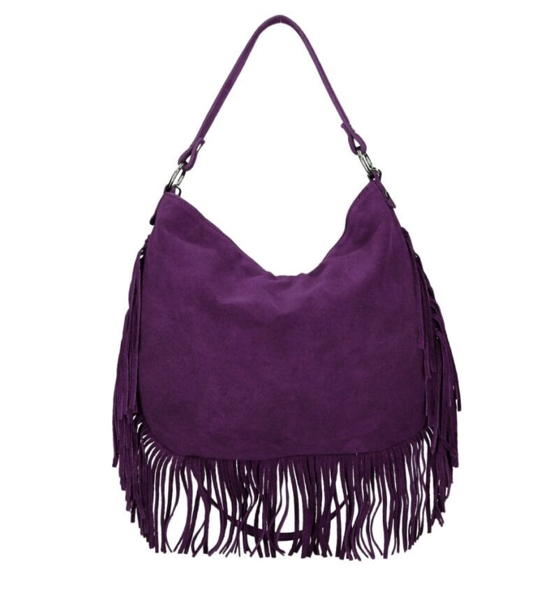 Suede Schoudertas Quinn Fringe paars paarse ruime zacht leer suede schoudertassen met franjes italiaans kopen bestellen