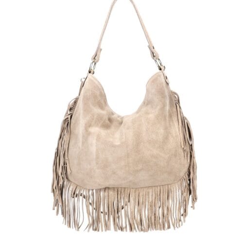 Suede Schoudertas Quinn Fringe taupe ruime zacht leer suede schoudertassen met franjes italiaans kopen bestellen