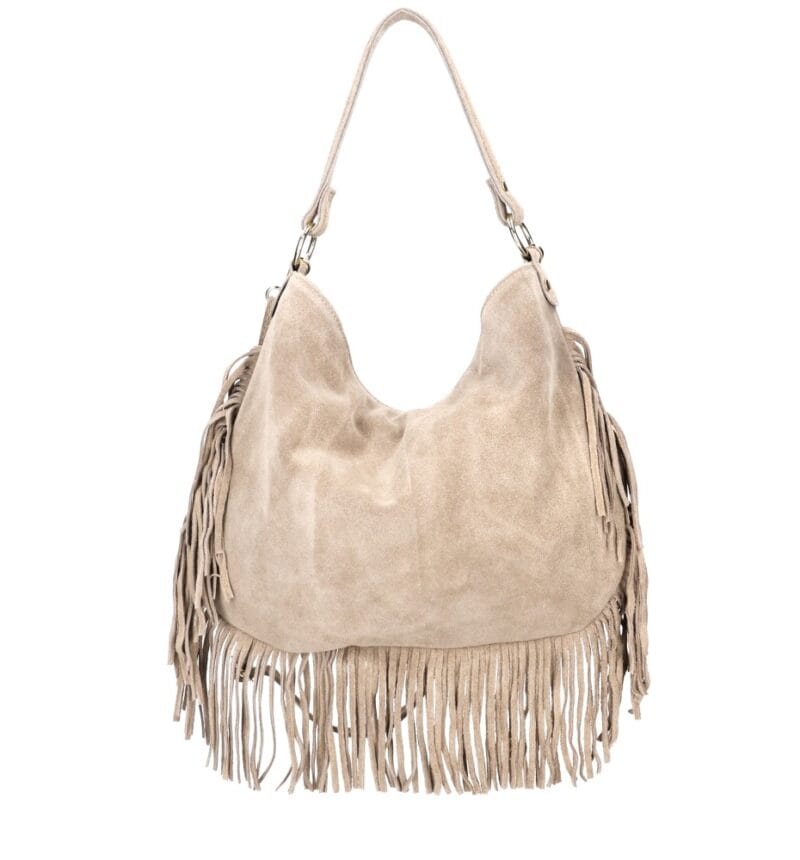 Suede Schoudertas Quinn Fringe taupe ruime zacht leer suede schoudertassen met franjes italiaans kopen bestellen