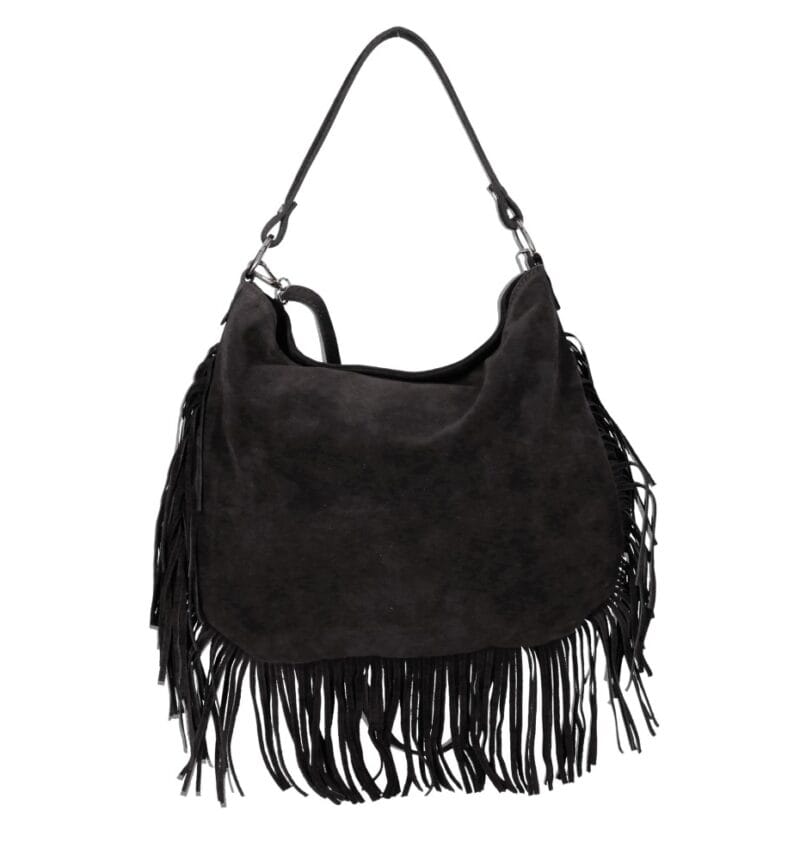 Suede Schoudertas Quinn Fringe zwart zwarte ruime zacht leer suede schoudertassen met franjes italiaans kopen bestellen