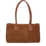 Suede handtas Sara cognac suede dames tas leren hengsels en zijkanten ruim trendy fashionbags italiaans suede kopen