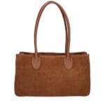 Suede handtas Sara cognac suede dames tas leren hengsels en zijkanten ruim trendy fashionbags italiaans suede kopen achterkant