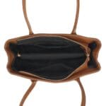 Suede handtas Sara cognac suede dames tas leren hengsels en zijkanten ruim trendy fashionbags italiaans suede kopen binnenkant