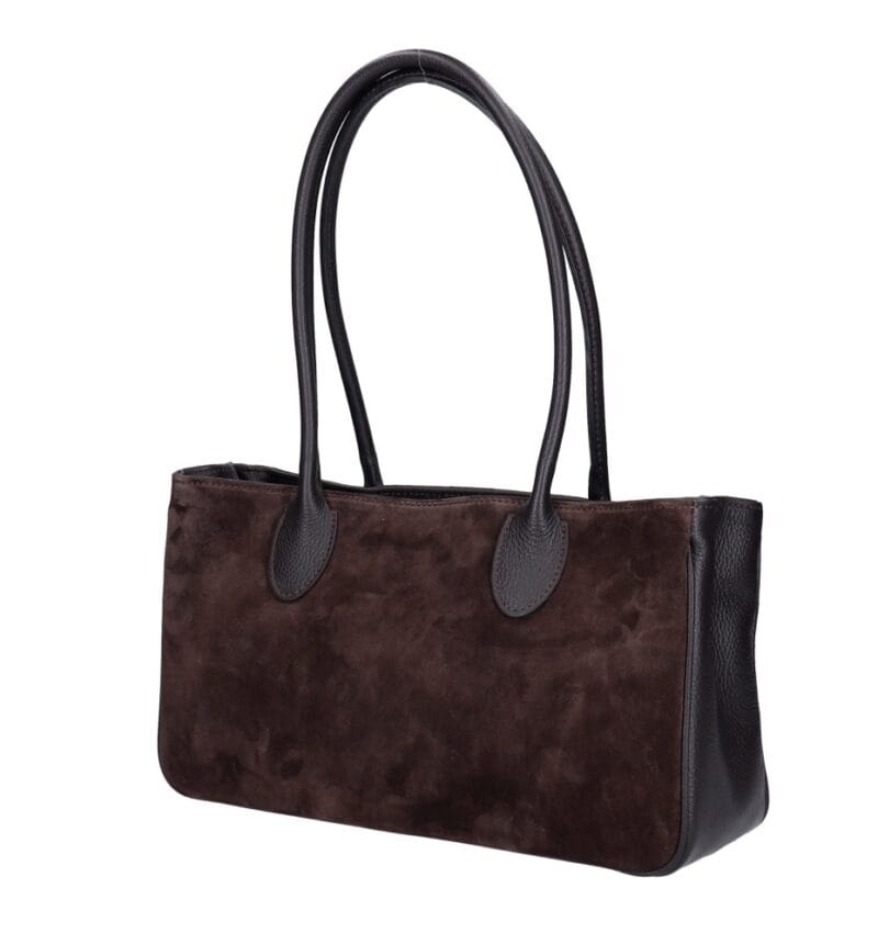 Suede handtas Sara donkerbruin donkerbruine suede dames tas leren hengsels en zijkanten ruim trendy fashionbags italiaans suede kopen