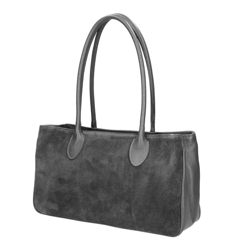 Suede handtas Sara donkergrijs donkergrijze suede dames tas leren hengsels en zijkanten ruim trendy fashionbags italiaans suede kopen