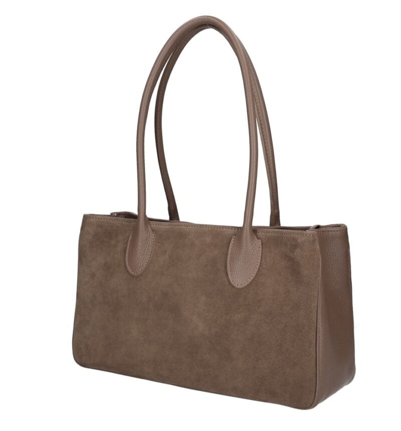 Suede handtas Sara donkertaupe suede dames tas leren hengsels en zijkanten ruim trendy fashionbags italiaans suede kopen
