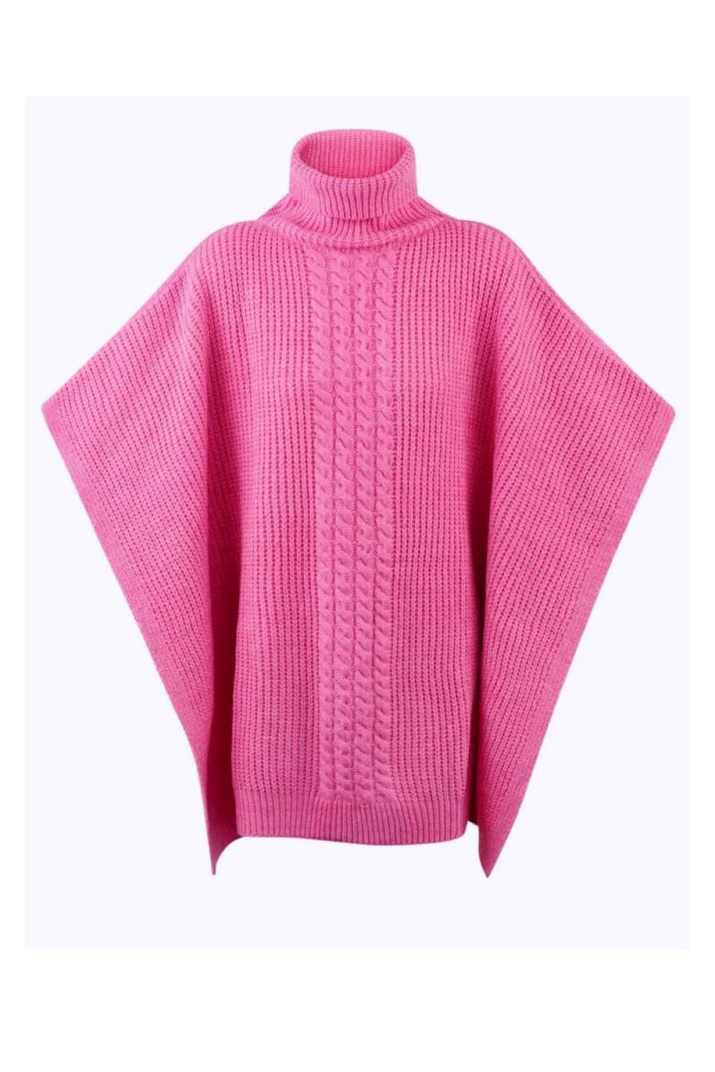fuchsia Kabel Gebreide Poncho Trui Truien Hoge col kraag warme trendy dames ponchos lang sjaals omslagdoeken kopen bestellen yehwang