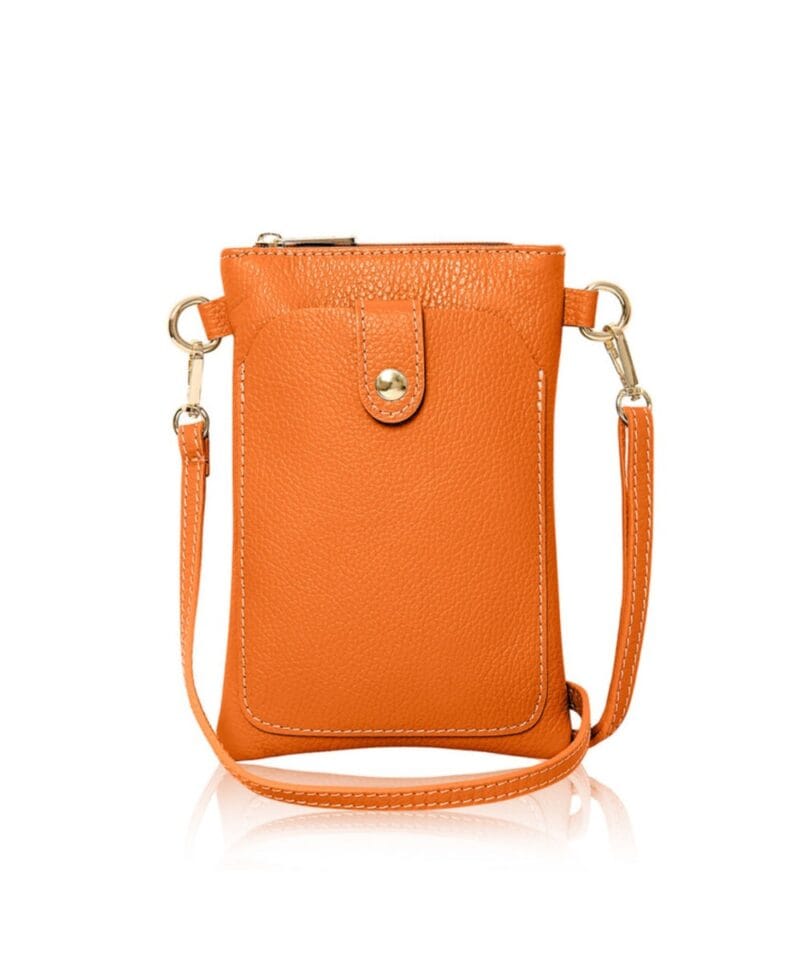 leren Schoudertas Sensi oranje met goud leer crossbodytas telefoontasjes tasjs goud beslag voorvak kopen bestellen