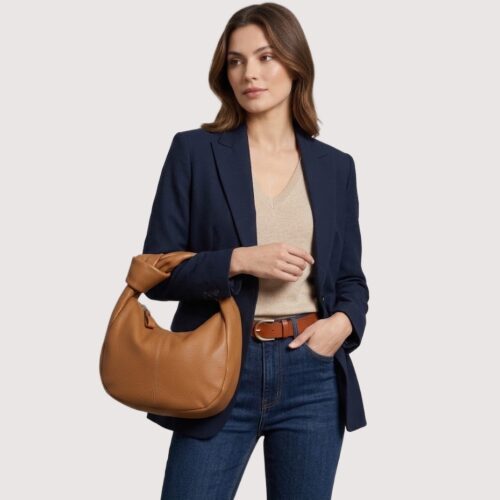 Cognac Leren Handtas Knoop detail trendy handtassen kort hengsel italiaans zacht leder kopen bestellen knot detail model