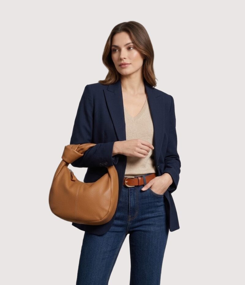 Cognac Leren Handtas Knoop detail trendy handtassen kort hengsel italiaans zacht leder kopen bestellen knot detail model