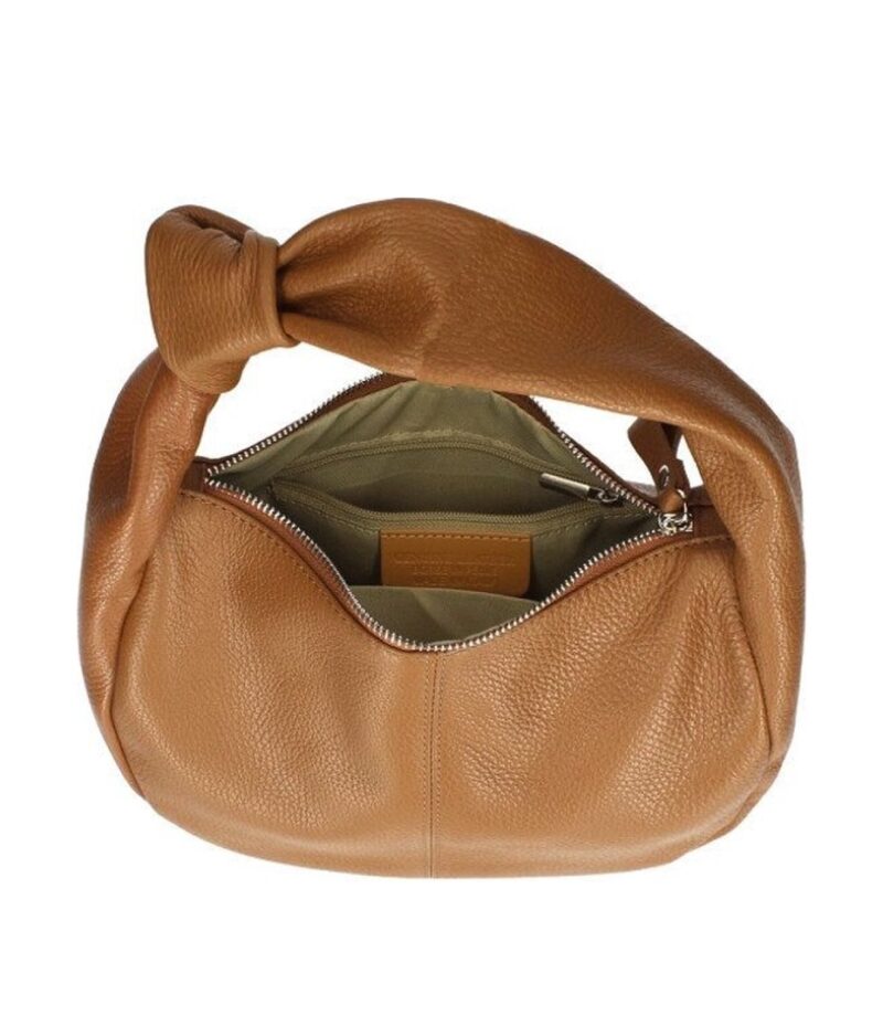 Cognac Leren Handtas Knoop detail trendy handtassen kort hengsel italiaans zacht leder kopen bestellen knot detail open