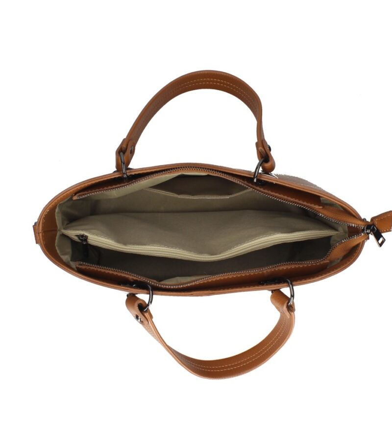 Leren Handtas Clementine donkercognac cognac ruime generfd leer donker zilver beslag chique trendy ruime tassen kopen bestellen binnenkant