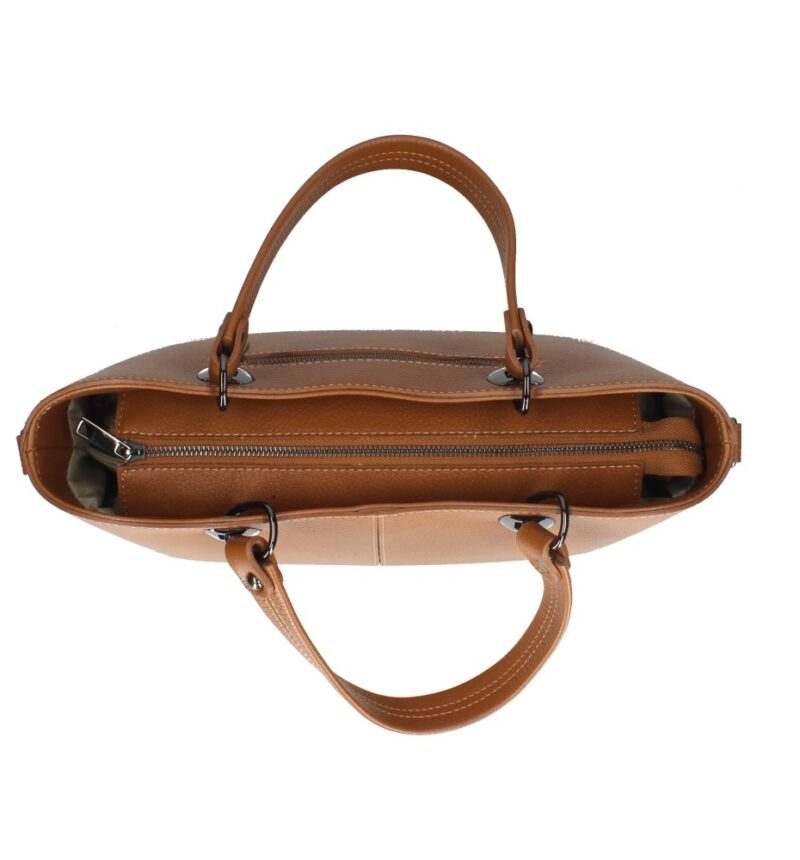 Leren Handtas Clementine donkercognac cognac ruime generfd leer donker zilver beslag chique trendy ruime tassen kopen bestellen bovenkant