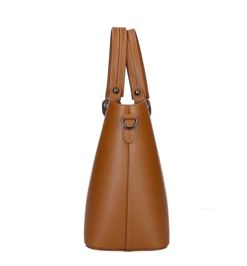 Leren Handtas Clementine donkercognac cognac ruime generfd leer donker zilver beslag chique trendy ruime tassen kopen bestellen zijkant