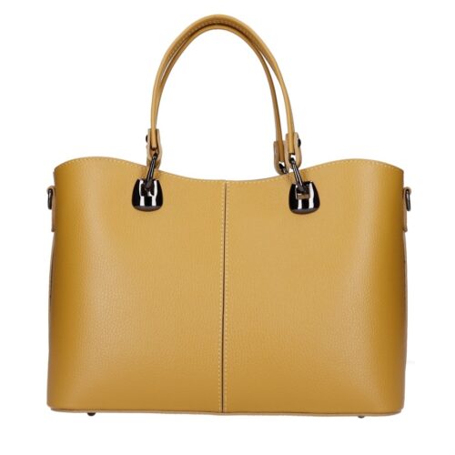 Leren Handtas Clementine mosterdgeel mosterdgele ruime generfd leer donker zilver beslag chique trendy ruime tassen kopen bestellen