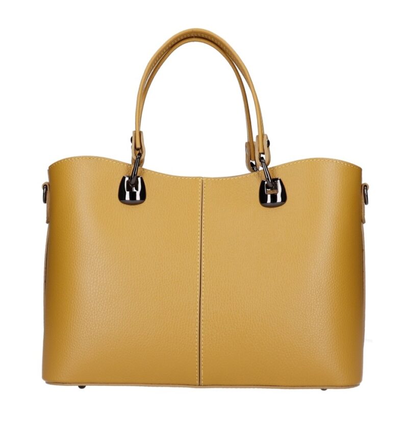 Leren Handtas Clementine mosterdgeel mosterdgele ruime generfd leer donker zilver beslag chique trendy ruime tassen kopen bestellen