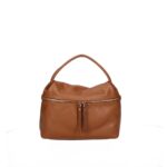 Leren Handtas Nellie donkercognac cognac compacte leren handtas gouden ritsdetail trendy uniek dames tassen italiaans leder kopen bestellen