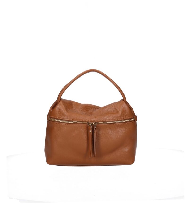 Leren Handtas Nellie donkercognac cognac compacte leren handtas gouden ritsdetail trendy uniek dames tassen italiaans leder kopen bestellen