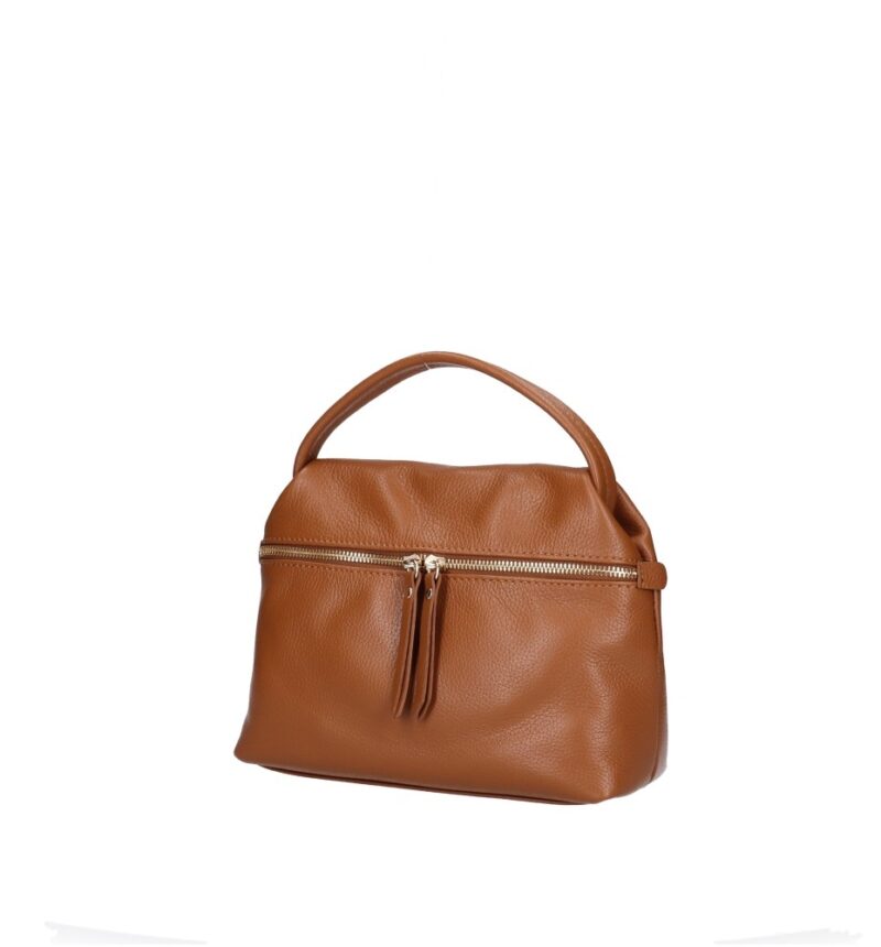 Leren Handtas Nellie donkercognac cognac compacte leren handtas gouden ritsdetail trendy uniek dames tassen italiaans leder kopen bestellen zij