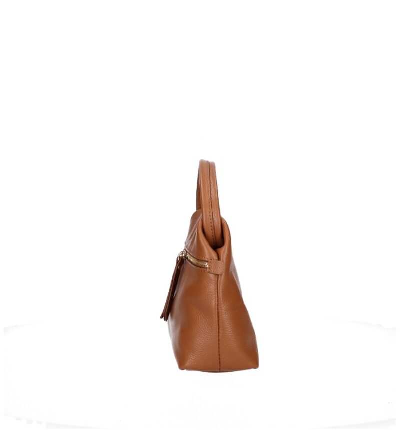 Leren Handtas Nellie donkercognac cognac compacte leren handtas gouden ritsdetail trendy uniek dames tassen italiaans leder kopen bestellen zijkant