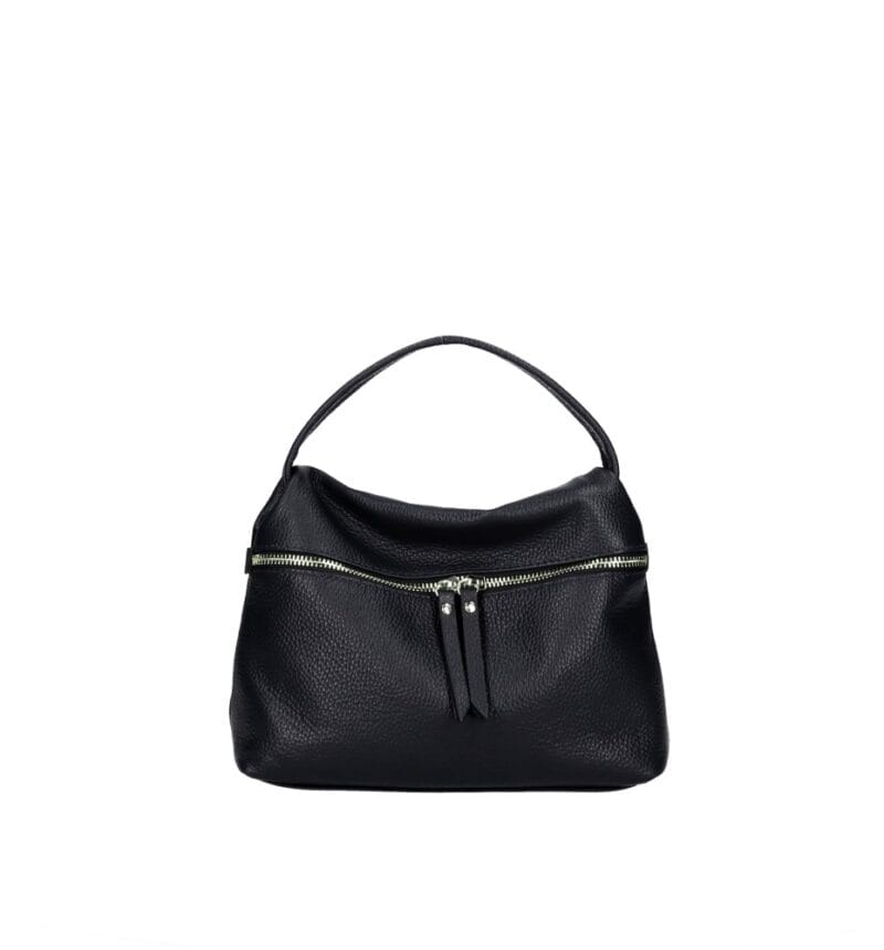 Leren Handtas Nellie zwart zwarte compacte leren handtas gouden ritsdetail trendy uniek dames tassen italiaans leder kopen bestellen