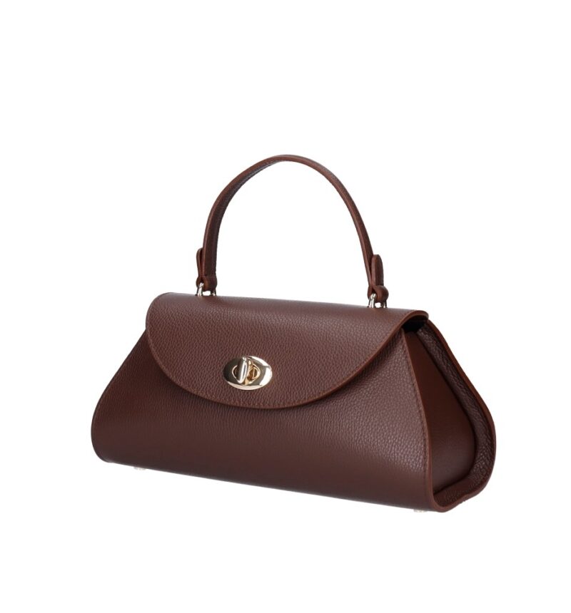 Leren Handtas Nora bruin bruine gouden draaislot unieke vorm trendy dames handtassen leer kopen zij